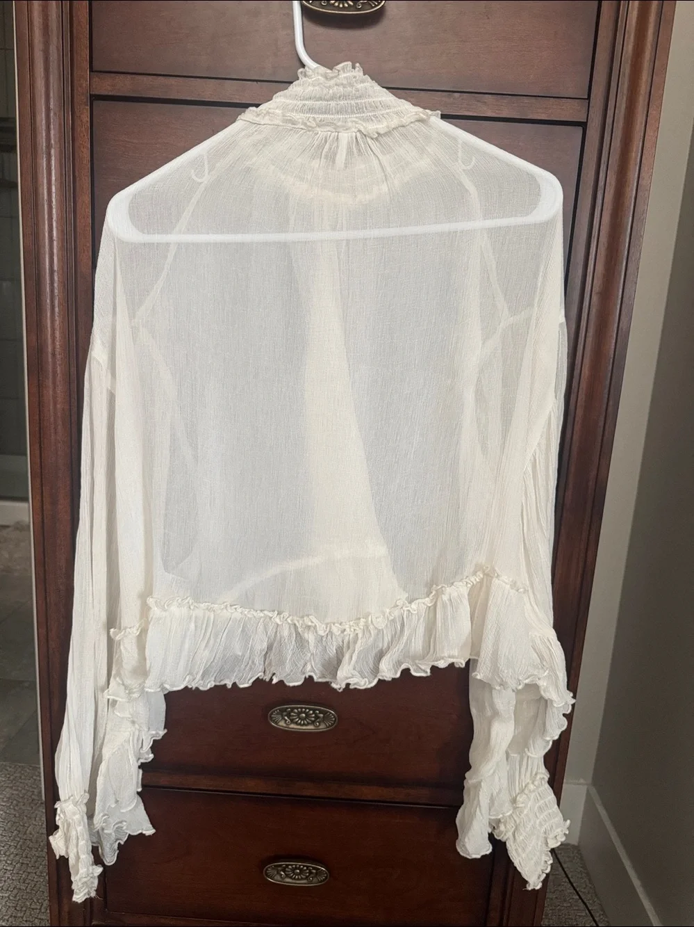 Free People In Bloom sheer cream boho top ruffles long sleeve size small